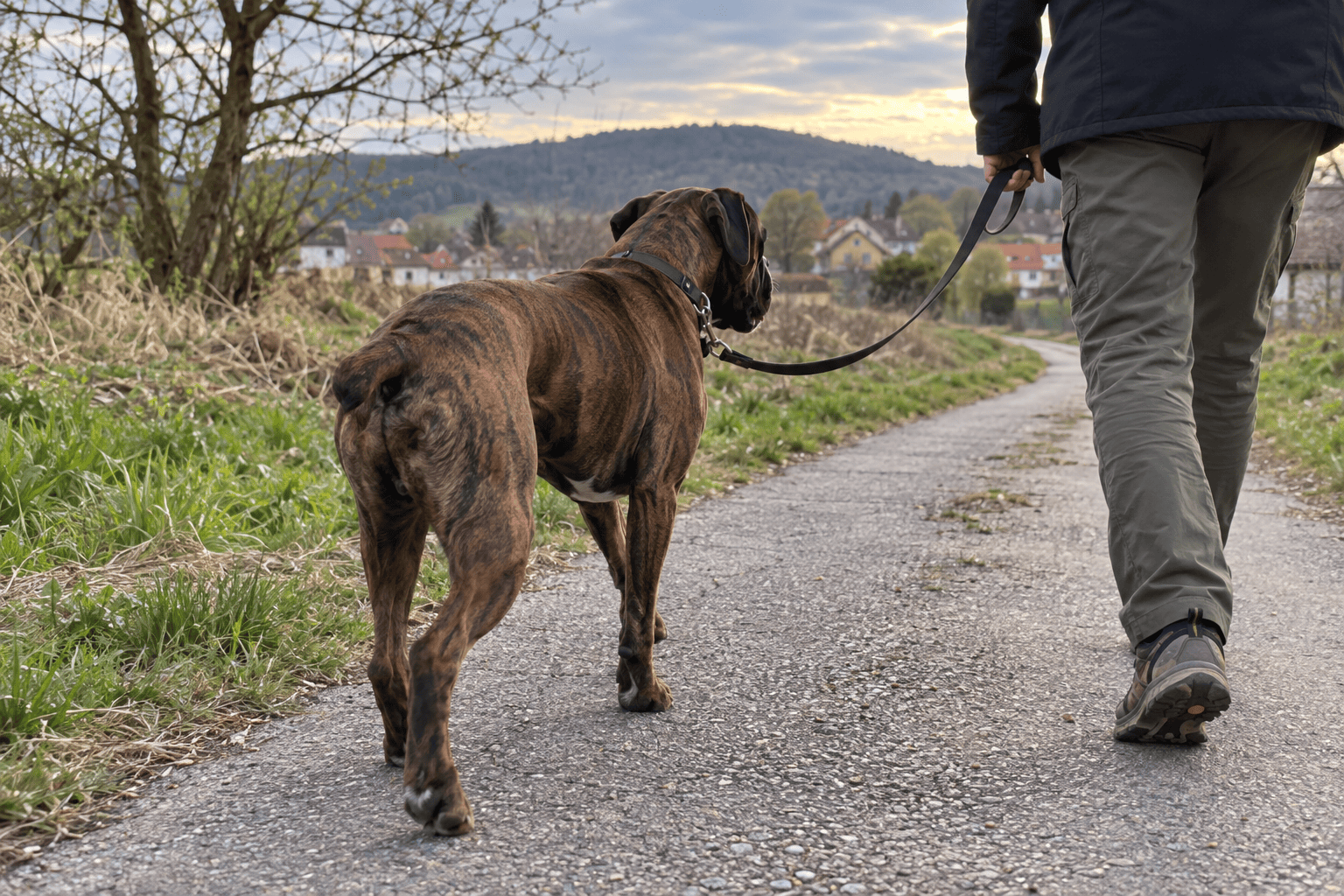 Krátkosrstý boxer kráča po vidieckej ceste na Slovensku